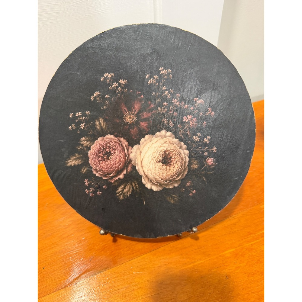 Vintage Round Floral Wood Wall Art Moody Pink Cream Roses Gold Edge 8.75"